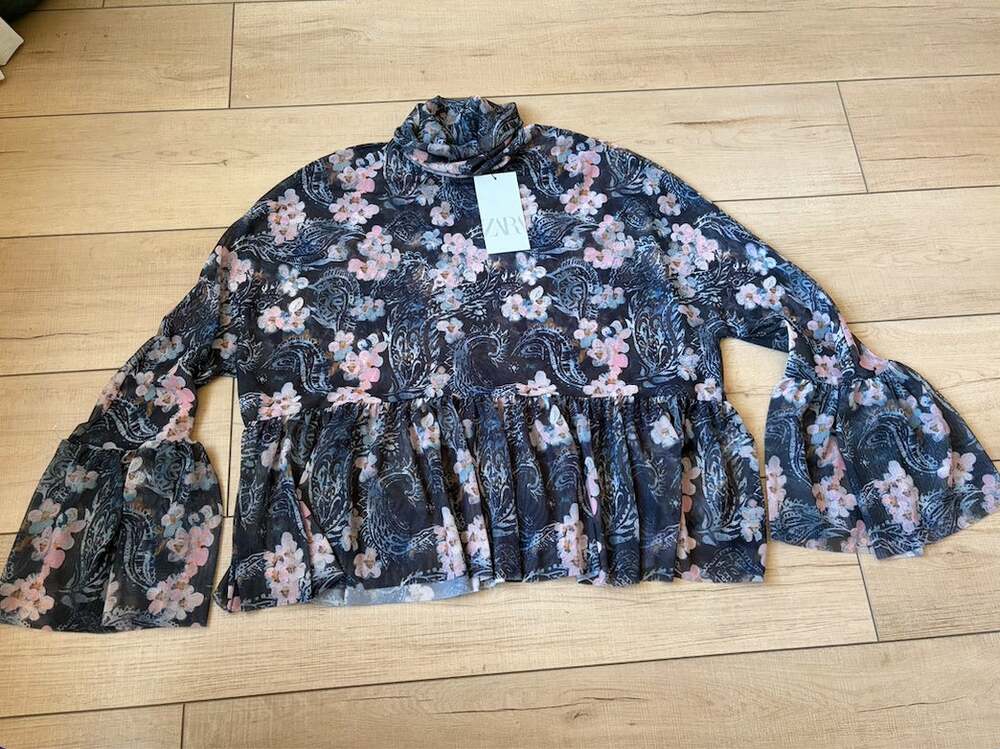 NWT Zara Sheer Floral Paisley Mesh Turtleneck Bell Sleeve Peplum Top M